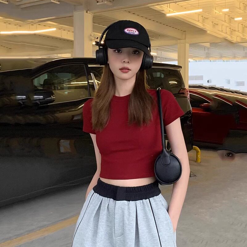 美式正肩红色t恤女短袖2025夏季设计感小众修身辣妹短款纯棉上衣