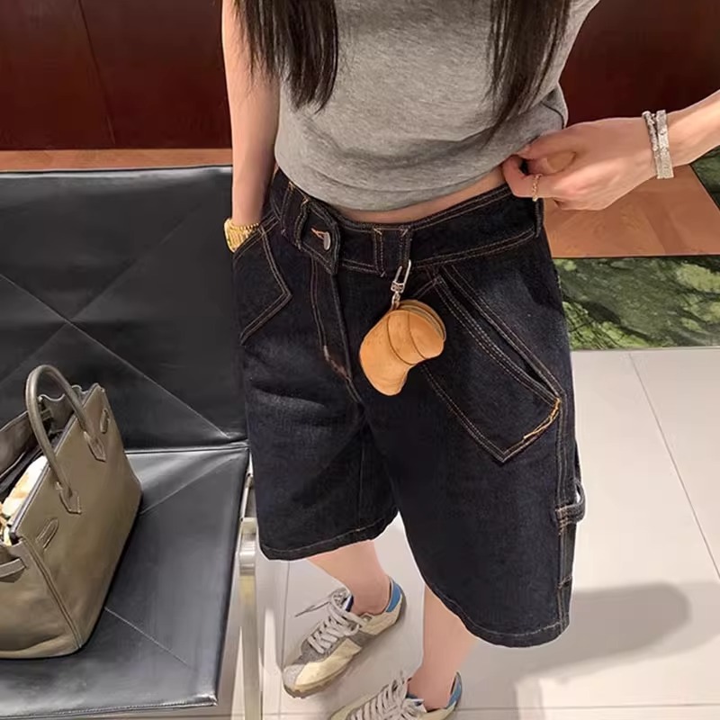 美式复古撞色牛仔短裤女夏季薄款宽松直筒五分裤高腰宽松显瘦裤子