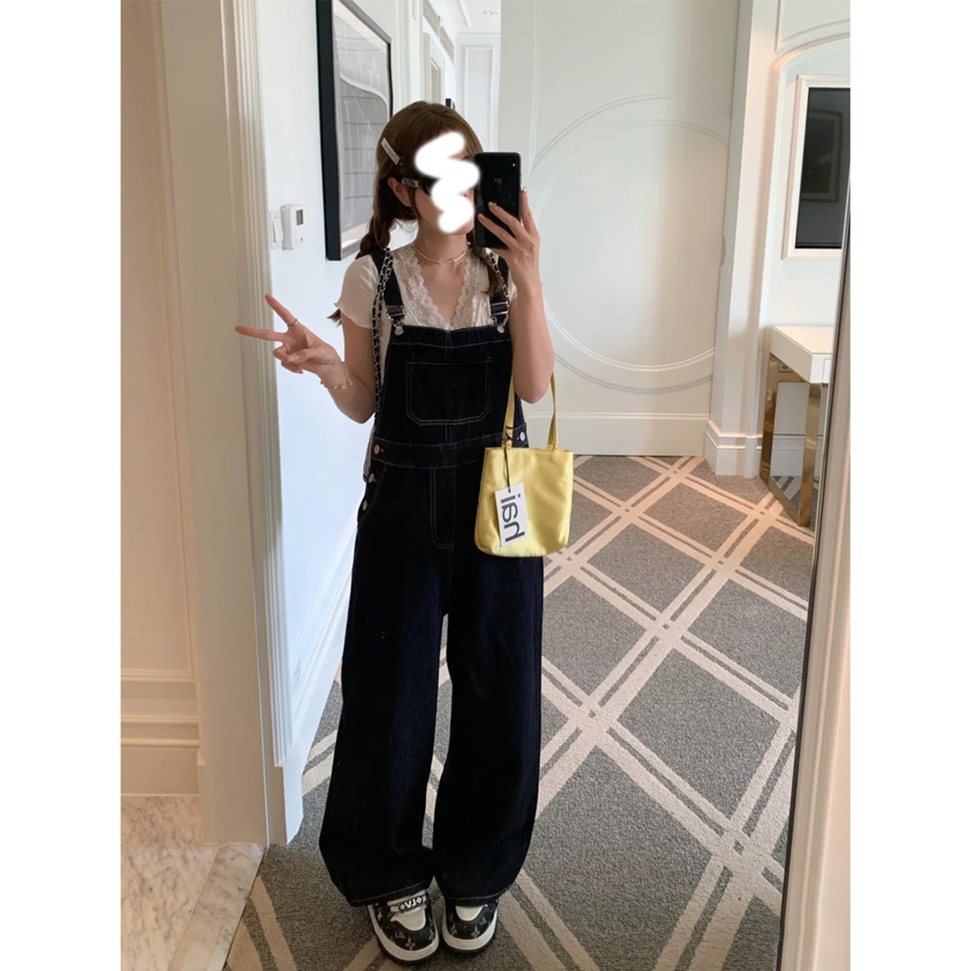 韩系深蓝阔腿牛仔背带裤女显瘦