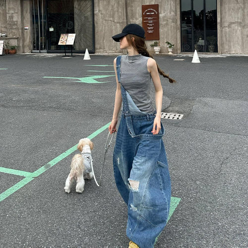 送退货宝高街风破洞牛仔背带裤女