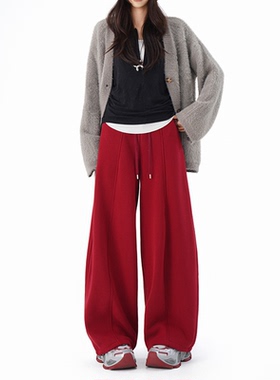 韩系弯刀镰刀裤直筒阔腿裤红色卫裤2026春秋新款宽松运动休闲裤女