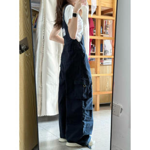 美式原创直筒工装牛仔背带裤女春夏新款多口袋宽松休闲连体裤长裤