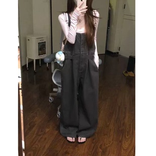 深灰色牛仔背带裤女秋冬新款宽松显瘦时尚百搭阔腿裤拖地连体长裤