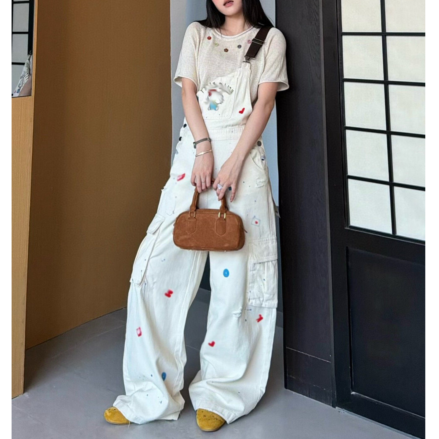 卡通风刺绣牛仔背带裤女涂鸦印花