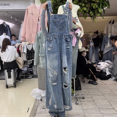 港风复古水洗破洞牛仔背带裤女夏新款宽松显瘦连体裤直筒阔腿长裤