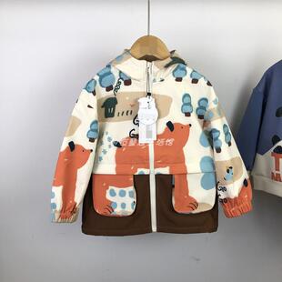 24秋冬款 马其顿童装中小童满印连帽夹克柔软弹力内加绒男童外套