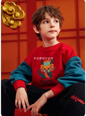 拜年服 龙年印花潮 ASK童装冬季新款大红色撞色袖男童加绒卫衣厚