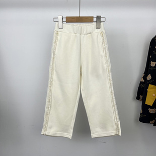3标全 马其顿童装秋季女童小香风针织裤休闲裤米白色珍珠边长裤子