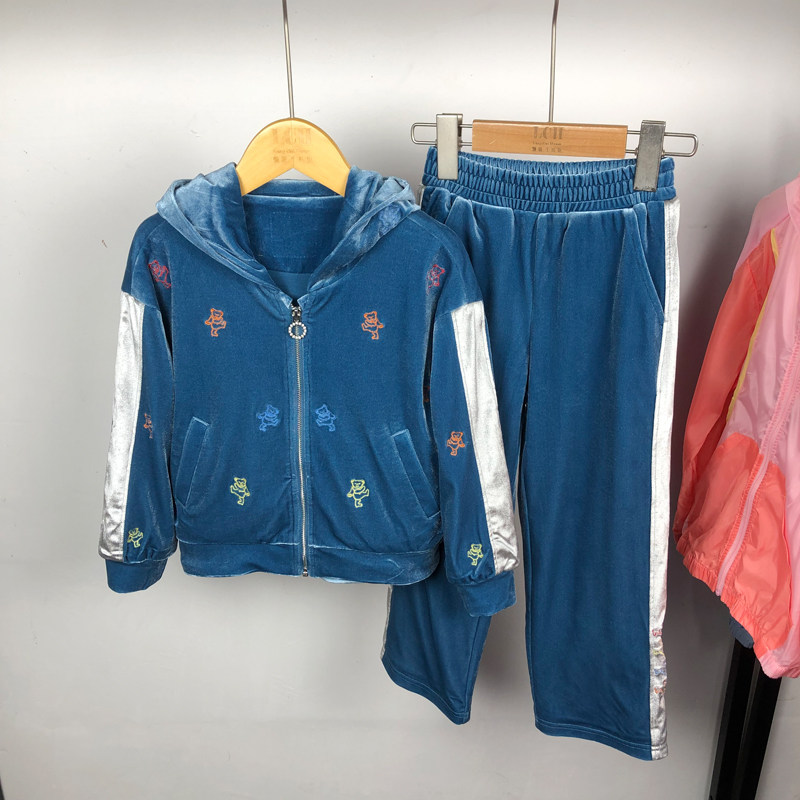 拆标 g家童装春季女童运动套装刺绣儿童丝绒拉链外套蓝色休闲上衣