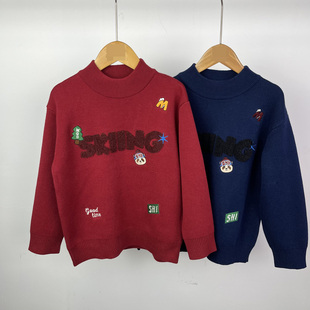 马其顿童装冬季男童毛巾绣半高领毛衣厚实保暖洋气百搭儿童羊毛衫