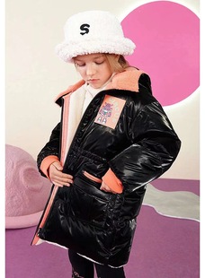 双面穿马其顿冬季女童两面穿羽绒服加厚免洗中长款羊羔绒连帽外套