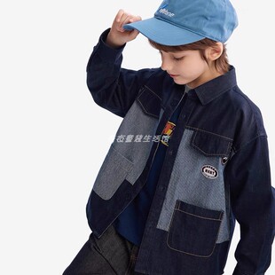 防褪色马其顿童装秋春季男童原色牛仔衬衣外套刺绣潮儿童长袖衬衫