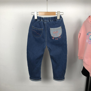 很软弹力 马其顿童装中小童加绒牛仔裤女童卷边刺绣水洗厚长裤子