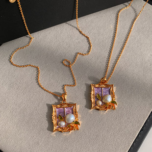 紫色中古巴洛克珍珠项链女款轻奢高级感新中式秋冬独特锁骨毛衣链