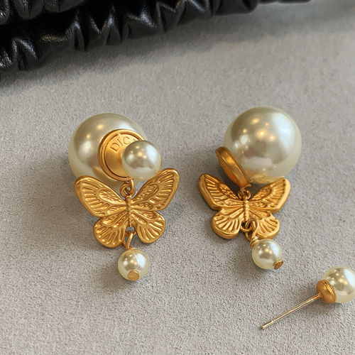 金色蝴蝶双面珍珠耳环女