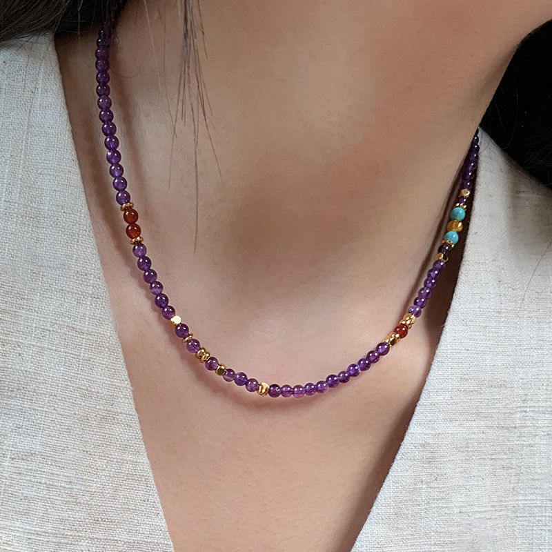 正品天然紫水晶项链女款新中式串珠长款绿松石新款金色锁骨毛衣链