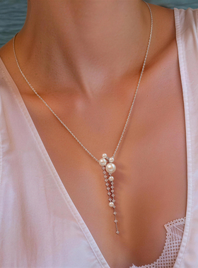 钻石流苏澳白珍珠吊坠项链