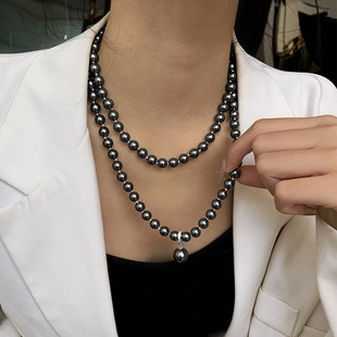 黑色施家珍珠项链配饰女款叠戴轻奢高级感秋冬长款2026新款毛衣链