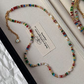 天然珍珠彩虹色石头多巴胺串珠项链女新款 碧玺配饰秋冬锁骨毛衣链