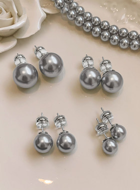 999纯银施家珍珠耳钉女耳夹无耳洞灰色轻奢高级感耳环秋冬季耳饰
