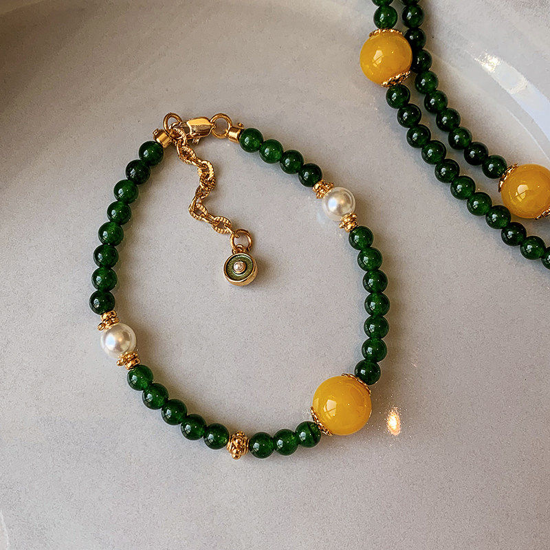 新中式天然绿玉髓黄色玛瑙串珠手链女珍珠轻奢小众精致手串手饰品