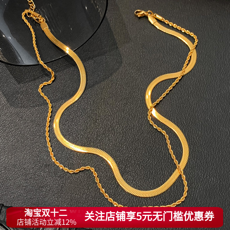 叠戴金色双层麻花项链女
