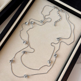 白金色长款法式双层麻花吊坠项链女大气高档高级感秋冬毛衣链配饰