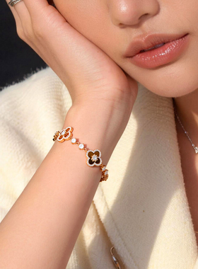 复古虎眼石钻石四叶草手链