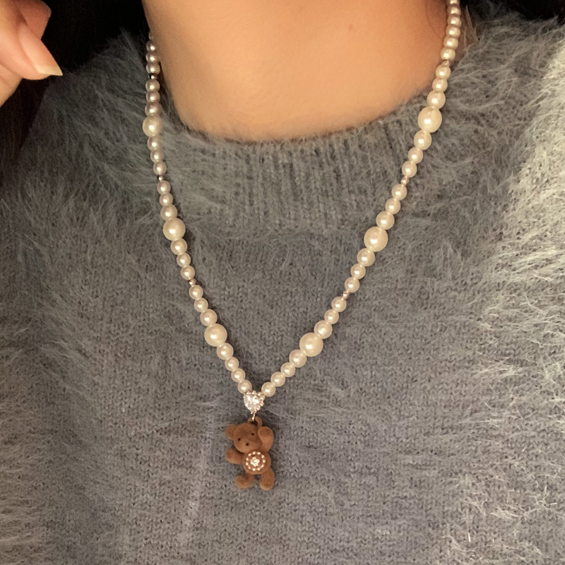 植绒小熊大小珍珠项链女