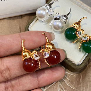 999纯银天然绿玉髓珍珠葫芦耳环女新款高级感耳钉红色玛瑙耳饰