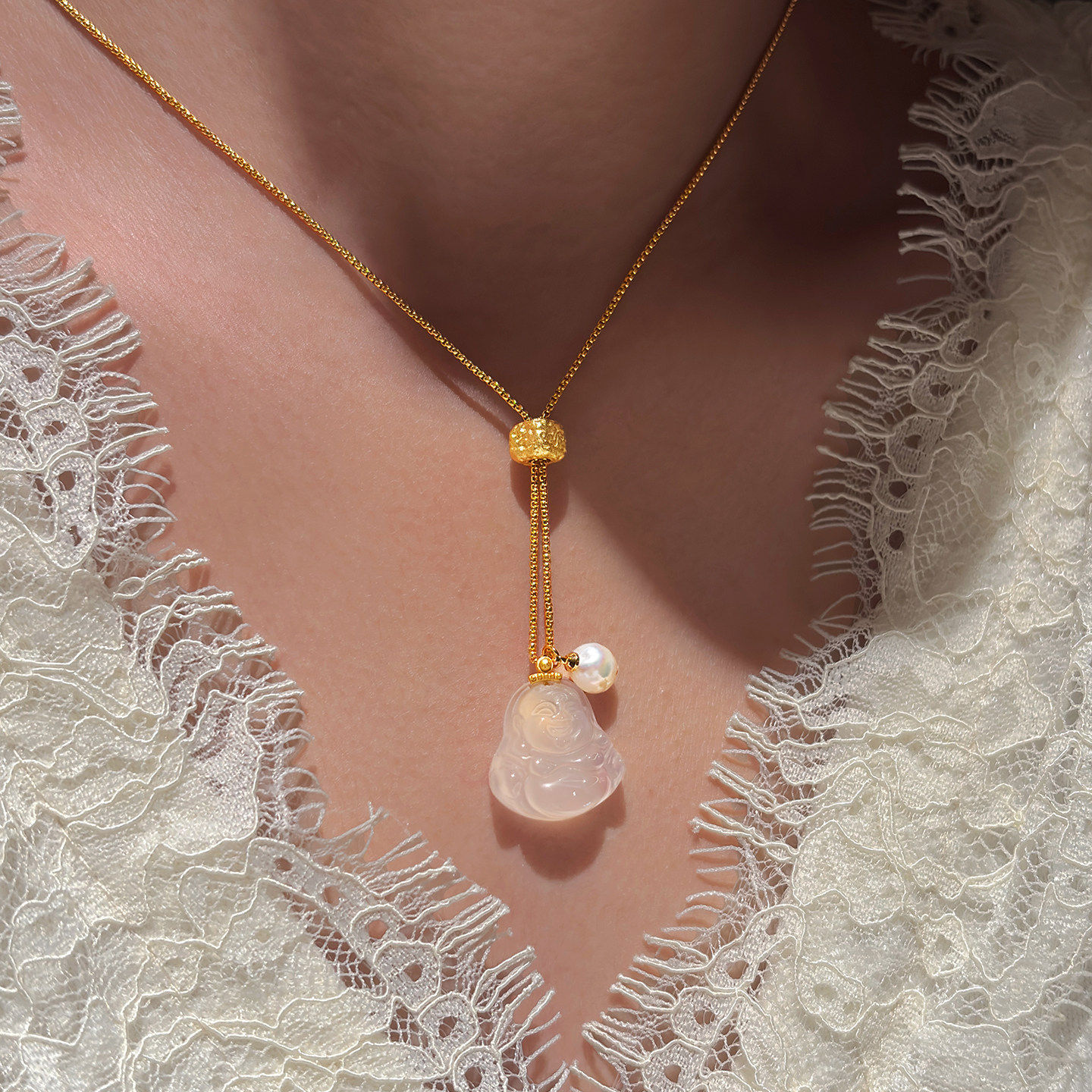 天然玉石弥勒佛公吊坠白玉髓毛衣项链女款玛瑙玉佛秋冬长款锁骨链