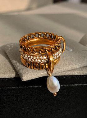 老钱风复古多层巴洛克珍珠戒指女小众设计轻奢时尚个性金色食指环