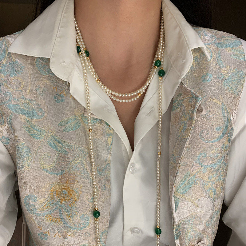 绿色长款珍珠项链女新中式国风大气高档高级感2026新款旗袍毛衣链