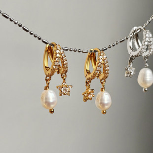 天然淡水巴洛克珍珠几何耳扣女S925纯银耳钉耳环爆闪微镶锆石耳饰