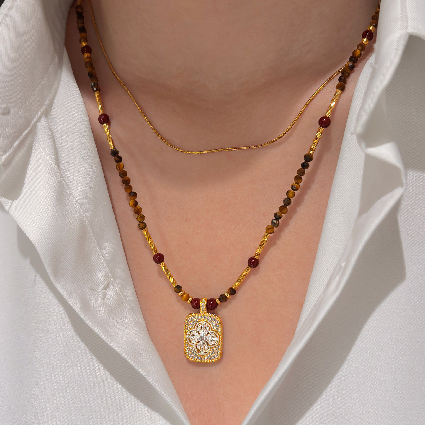 天然虎眼石四叶草无事牌吊坠项链女高级感轻奢复古秋冬锁骨毛衣链,饰品/流行首饰/时尚饰品新,项链,淘宝优惠券,粉丝福利购,淘宝优惠卷