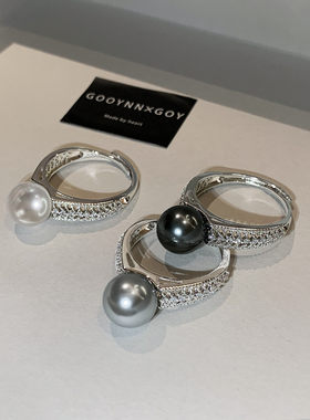 银色真多麻灰色澳白珍珠戒指女高级感小众设计开口食指戒时尚指环