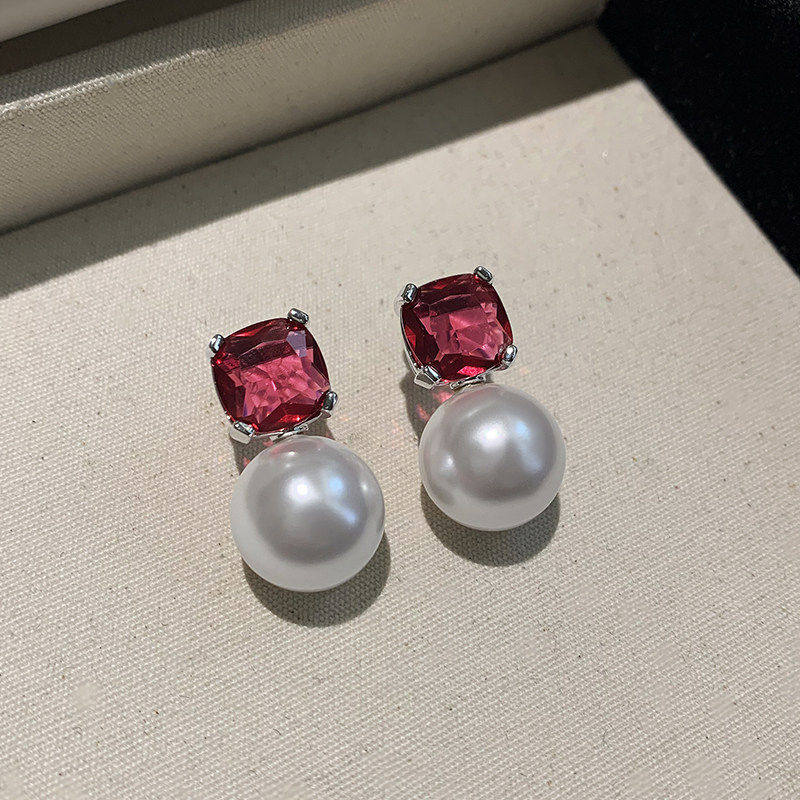 施家华子红色宝石珍珠耳环女2026新款轻奢高级感耳钉秋冬耳坠耳饰,饰品/流行首饰/时尚饰品新,耳钉,淘宝优惠券,粉丝福利购,淘宝优惠卷