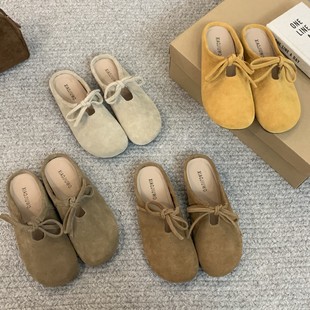 牛皮版~包头半拖鞋女外穿2026年新款平底法式复古真皮懒人勃肯鞋