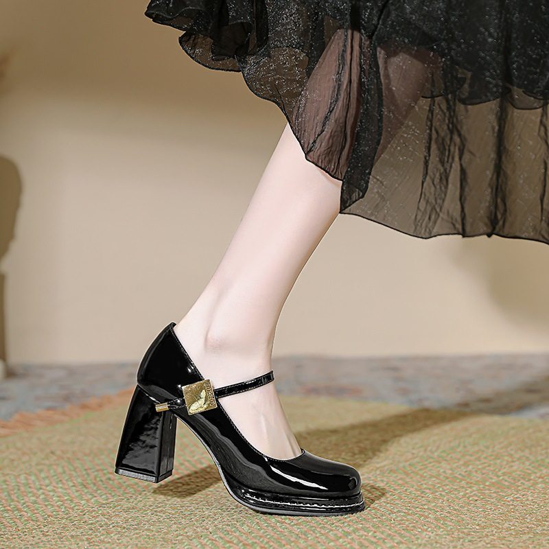 法式粗跟玛丽珍鞋女春季新款黑色高跟仙女配裙百搭金属扣高跟单鞋,女鞋,玛丽珍鞋,淘宝优惠券,粉丝福利购,淘宝优惠卷