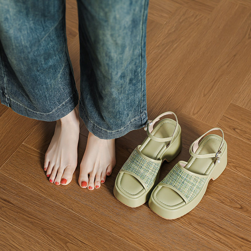 厚底凉鞋女夏季新款绿色小清新一字带7cm增高防水台高跟罗马鞋女