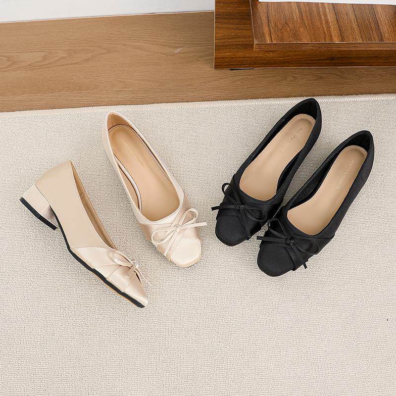 时尚百搭方头蝴蝶结浅口粗跟单鞋女2026新款温柔不累脚通勤鞋子女