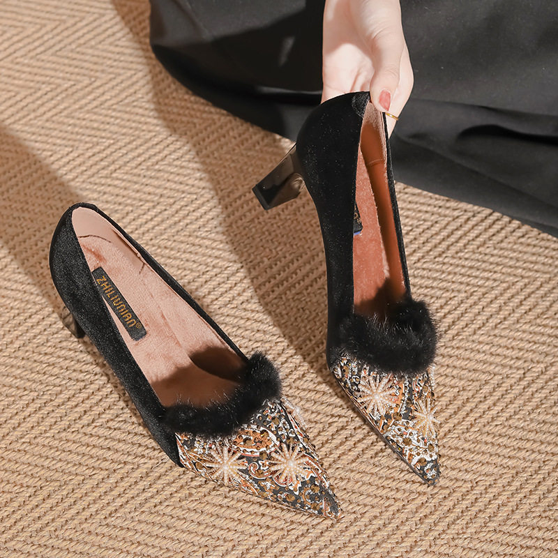 高级感绒面毛毛单鞋女冬季百搭珍珠压钻加绒高跟鞋名媛尖头女鞋,女鞋,浅口单鞋,淘宝优惠券,粉丝福利购,淘宝优惠卷
