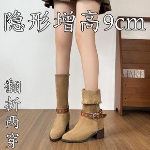 内增高尖头复古高跟粗跟马丁靴女款2026新款秋冬显瘦中筒靴短靴子