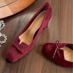 现货~2025春秋新款复古玛丽珍鞋女蝴蝶结方头粗跟单鞋女高跟鞋7cm