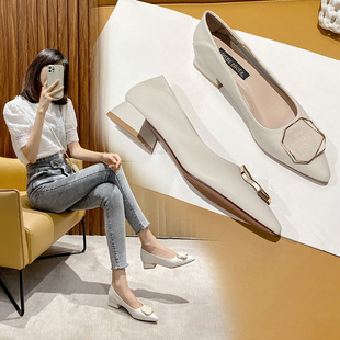 2026新款软底羊皮中跟单鞋女百搭真皮粗跟奶奶鞋浅口晚晚风温柔鞋