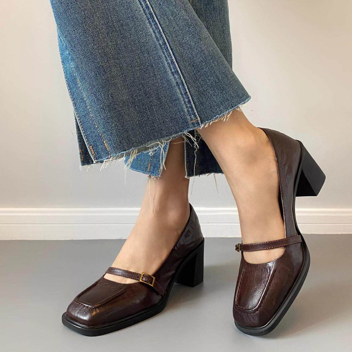 羊皮~春秋法式浅口粗跟单鞋方头高跟鞋女气质高级不累脚玛丽珍鞋