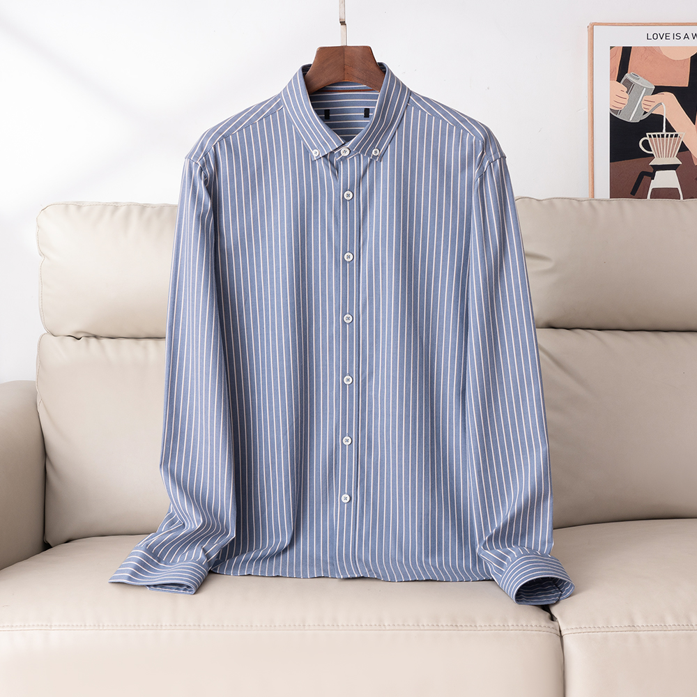 蓝色竖条纹长袖衬衫时尚百搭上衣