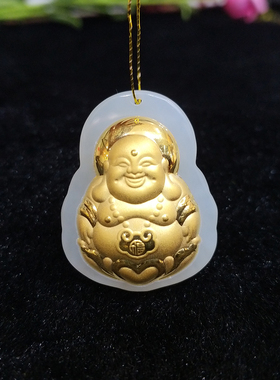 金镶玉佛弥勒佛天然和田玉籽料颈项链女坠带证书