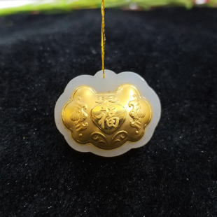 4D和田玉金镶玉平安锁吊坠宝宝婴儿新生儿满月百天长命锁护身符