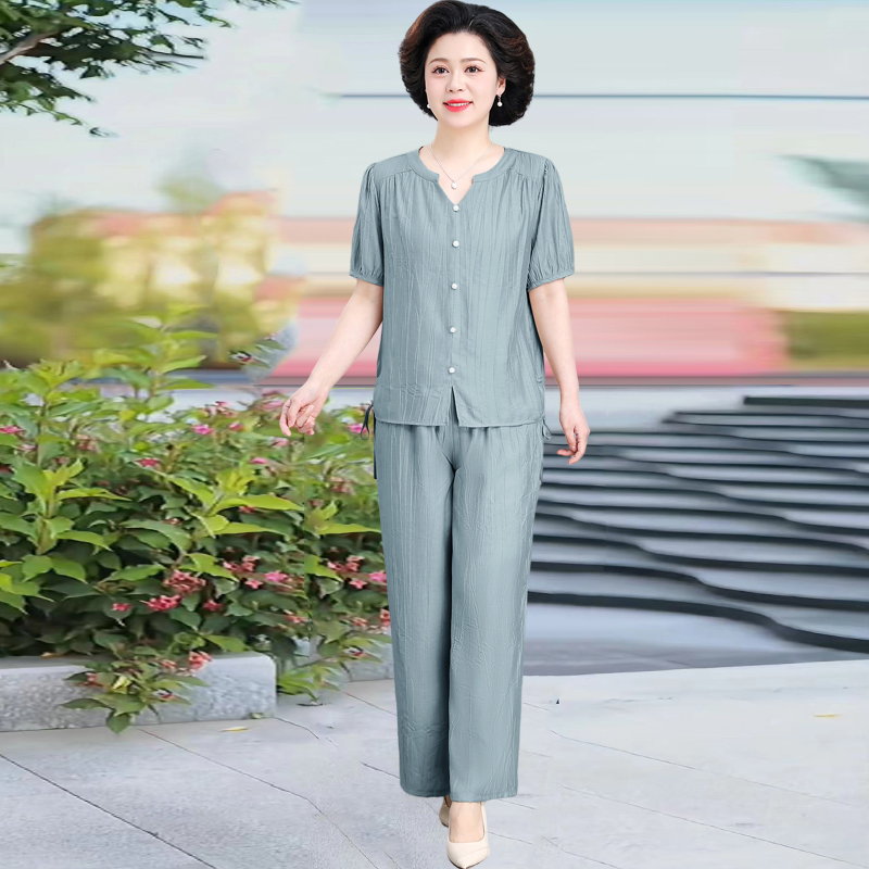 母亲节中年妈妈夏装套装洋气中老年女休闲宽松大码T恤衣服两件套